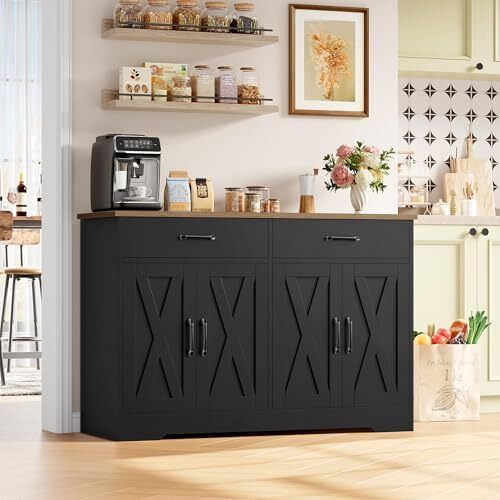 Sideboard, 120 cm Wide Kitchen Cabinet with Worktops, Kitchen Buffet Storage Cabinet with 2 Drawers and 4 Doors, Living Room, Kitchen, Hallway, Black & Brown