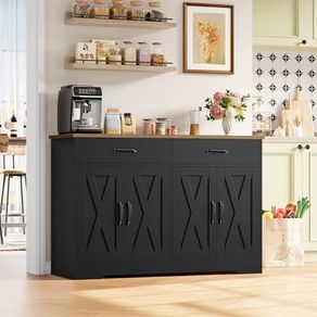 Sideboard, 120 cm Wide Kitchen Cabinet with Worktops, Kitchen Buffet Storage Cabinet with 2 Drawers and 4 Doors, Living Room, Kitchen, Hallway, Black & Brown