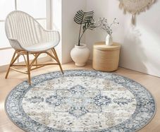 Round Rugs Living Room 160cm, Vintage Area Rugs, Machine Washable, Non-Slip Carpet, Low Pile, Non-Shedding, Traditional Oriental Printed Design, Dining Room, Bedroom
