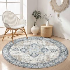 Round Rugs Living Room 160cm, Vintage Area Rugs, Machine Washable, Non-Slip Carpet, Low Pile, Non-Shedding, Traditional Oriental Printed Design, Dining Room, Bedroom