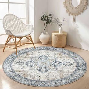 Round Rugs Living Room 160cm, Vintage Area Rugs, Machine Washable, Non-Slip Carpet, Low Pile, Non-Shedding, Traditional Oriental Printed Design, Dining Room, Bedroom