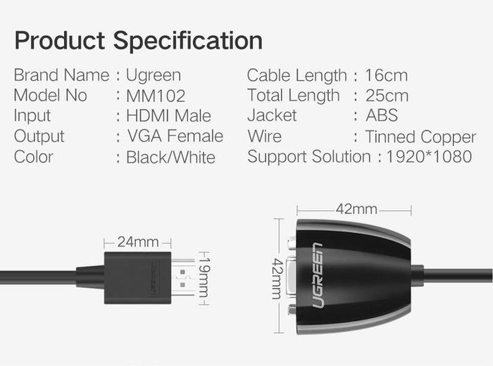 Ugreen Premium 1080P HDMI (Male) to VGA (Female) Video Cable Converter Gold Plated Adapter (Brand New/Warranty)
