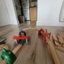 wooden train play set with two electric locomotives and lots of parts Image 6