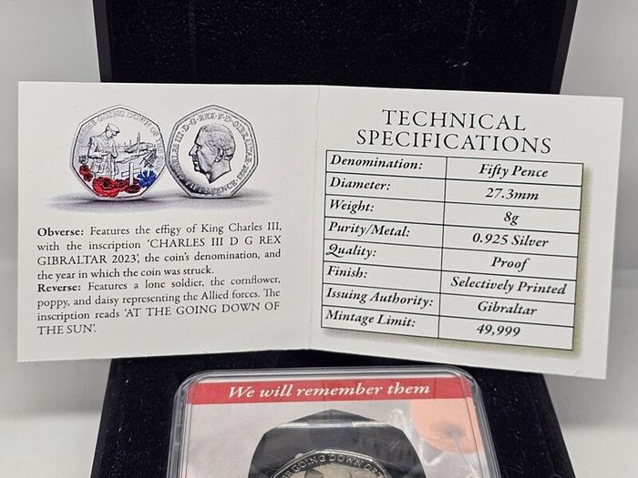 The London Mint Office Gibraltar 2023 Silver Proof 50p Coin Lest We Forget Colorised