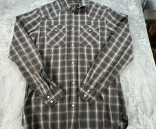 AllSaints Frontier Shirt Medium Grey Plaid - Long Sleeve - Pearl Snap