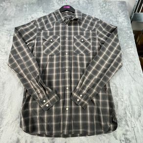 AllSaints Frontier Shirt Medium Grey Plaid - Long Sleeve - Pearl Snap