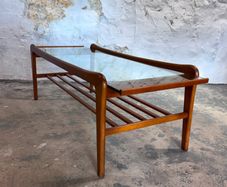 Solid Teak & Glazed Glass Coffee Table With Magazine Rack
