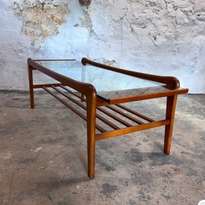 Solid Teak & Glazed Glass Coffee Table With Magazine Rack