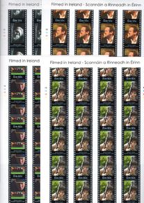 2008 Ireland Filmed in Ireland Commemorative Stamp Sheetlet Plate 1B1B1B1B Mint Never Hinged (MNH). Stamps depict 55c Brid Ni Neachtain, Colm Meaney, 82c Pat Shortt & Cilian Murphy.