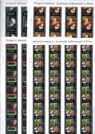 2008 Ireland Filmed in Ireland Commemorative Stamp Sheetlet Plate 1B1B1B1B Mint Never Hinged (MNH). Stamps depict 55c Brid Ni Neachtain, Colm Meaney, 82c Pat Shortt & Cilian Murphy.
