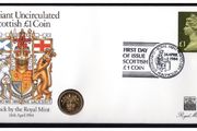 1984 Scotland Royal Mint First Day of Issue of UK1 Coin with Uncirculated UK1 coin cancel tied UK1 definitive Stamp PNC (philatelic Numismatic Cover).