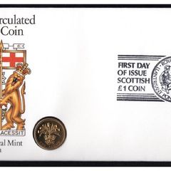 1984 Scotland Royal Mint First Day of Issue of UK1 Coin with Uncirculated UK1 coin cancel tied UK1 definitive Stamp PNC (philatelic Numismatic Cover).