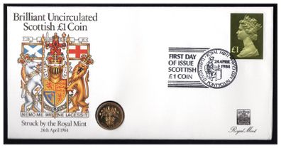 1984 Scotland Royal Mint First Day of Issue of UK1 Coin with Uncirculated UK1 coin cancel tied UK1 definitive Stamp PNC (philatelic Numismatic Cover).