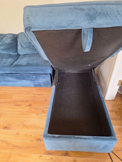 Blue Velvet Corner Sofa Bed with Storage