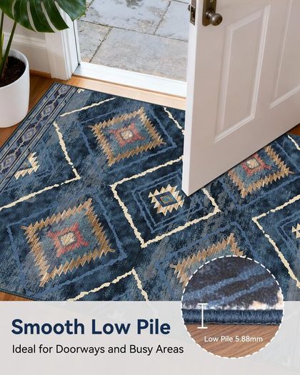 Machine Washable Rugs Living Room 120x180 cm, Kitchen Rugs Non Slip Washable, Soft Short Pile Vintage Blue Rugs for Bedroom, Moroccan Rug for Hallway, Diningroom, Blue