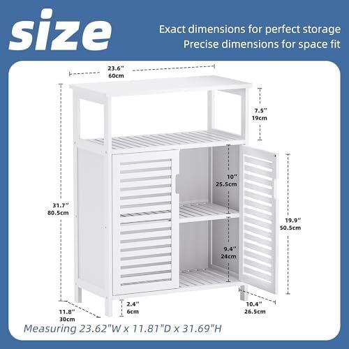 Bathroom Floor Storage Cabinet, Freestanding Bamboo Side Storage Organizer with Double Doors and Open Shelves, Space Saving Small Kitchen Cupboard, White