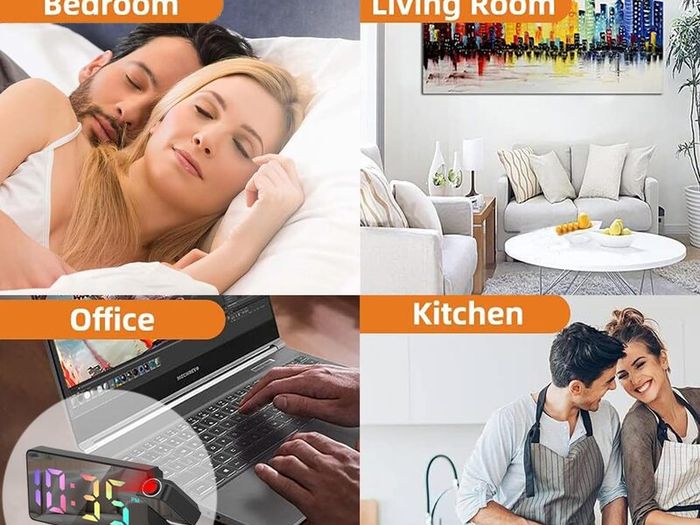 LED Projection Alarm Clocks Digital Clock for Bedroom 180 Rotatable Projector Colorful Digit Display Snooze Temperature 12/24H 4-Level Adjustable Brightness Night Mode for Home Office Decor