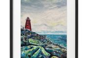Rocks at Poolbeg Lighthouse, Dublin. 43x53cm. Large framed print by artist Helen Mathews.