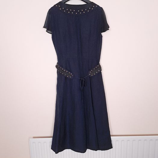 Per Una Navy Blue Linen Embellished Scoop Neck Chiffon Flutter Sleeve Midi Dress 14UK/42EU
