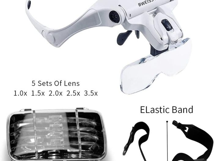 Head Mount Magnifier, Bweissth Lighted Magnifying Headband Glass Loupe Visor with 2 LED Light for Close Work, Watch Repair,Jewelry Work, Machine Repair, Arts & Crafts, Reading Aid