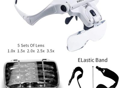 Head Mount Magnifier, Bweissth Lighted Magnifying Headband Glass Loupe Visor with 2 LED Light for Close Work, Watch Repair,Jewelry Work, Machine Repair, Arts & Crafts, Reading Aid