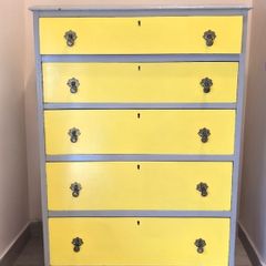 Totally Unique Eclectic Yellow & Grey Tallboy Chest of Drawers
