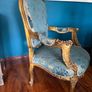 Beautiful Antique French Louis XV Style Gilt Armchair - Ornate Carved Blue Damask Image 3