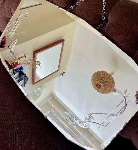 Large Vintage Mid Century Bevelled Mirror with Chain Reverse Etched Chinoiserie Detail