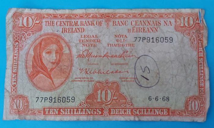 Irish 1968 X 2 Lavery ten shilling banknote in used condition