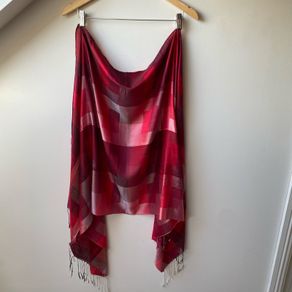 Silk Cotton Blend Geometric Block Print Scarf Wrap Raspberry Red & Burgundy