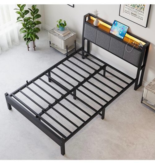 Double Bed Frame, 4FT6 Bed Frame Ergonomics Double with Charging Station and LED Lights, Heavy Duty Platform Full Bed with Fabric Storage Sloped Headboard, No Box Spring Needed, (Black)