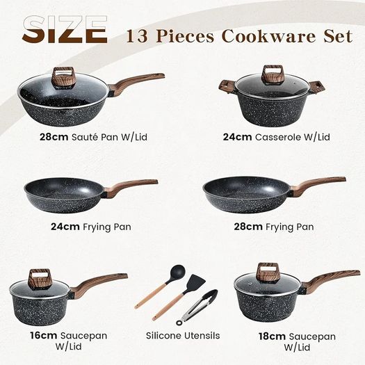 Induction Hob Pots and Pans Set 13pcs Nonstick Cooking Pans Set, Black Granite Cookware Set with Lid, Non Stick Saucepan Set, Frying Pan Set, PFOS & PFOA Free