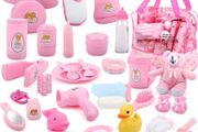 Role play games 40 Piece Bag with Baby Feeding Accessories, Clothes, Doll Bear, Bath, Soother Dummy and Much More-Nurturing Pretend Toy for Kids, 23 x 15 x 18 Centimeters (FREE POSTAGE)