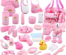 Role play games 40 Piece Bag with Baby Feeding Accessories, Clothes, Doll Bear, Bath, Soother Dummy and Much More-Nurturing Pretend Toy for Kids, 23 x 15 x 18 Centimeters (FREE POSTAGE)