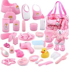 Role play games 40 Piece Bag with Baby Feeding Accessories, Clothes, Doll Bear, Bath, Soother Dummy and Much More-Nurturing Pretend Toy for Kids, 23 x 15 x 18 Centimeters (FREE POSTAGE)