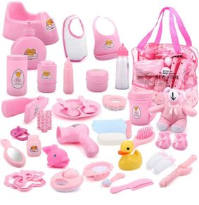 Role play games 40 Piece Bag with Baby Feeding Accessories, Clothes, Doll Bear, Bath, Soother Dummy and Much More-Nurturing Pretend Toy for Kids, 23 x 15 x 18 Centimeters (FREE POSTAGE)