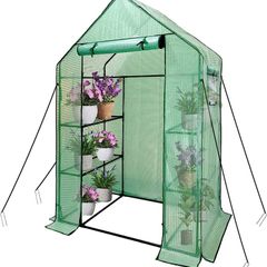 SALE Walk In Greenhouse With Shelves,Walk-In Plant Green House With Durable Green PE Cover, 3 Tiers 6 Shelves Stands with Ground Pegs & Ropes for Stability, 4.7x2.4x6.4ft