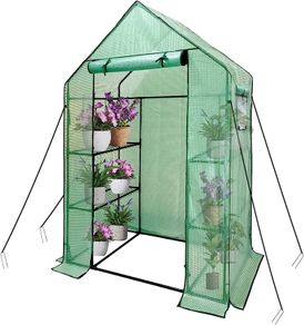 SALE Walk In Greenhouse With Shelves,Walk-In Plant Green House With Durable Green PE Cover, 3 Tiers 6 Shelves Stands with Ground Pegs & Ropes for Stability, 4.7x2.4x6.4ft