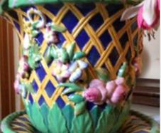 Big Majolica high relief colourful planter with tray