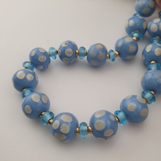 Vintage Venetian Style Light Blue White Dotted Glass Beads Necklace