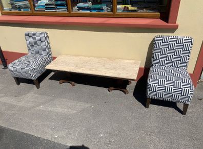 Pair of Vintage Chairs and Marble Top Coffee Table.