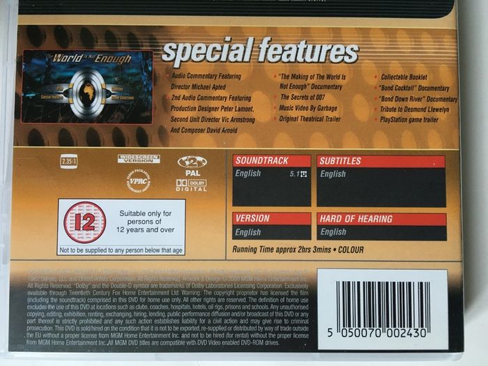 007 James Bond - The World Is Not Enough [1999] Pierce Brosnan, Sophie Marceau, Robert Carlyle, Denise Richards, Robbie Coltrane & Judi Dench [Movie DVD]