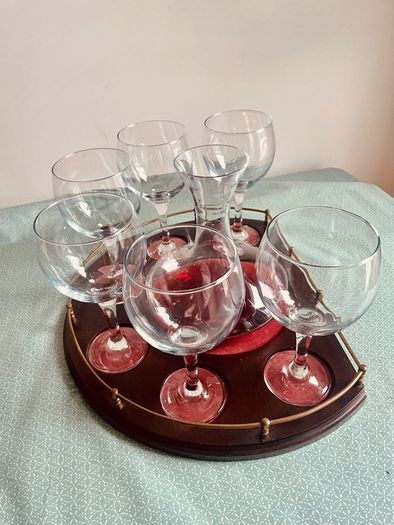 Vintage Wine Decanter Set 6 Large Goblets Brass Gallery Wood Tray
