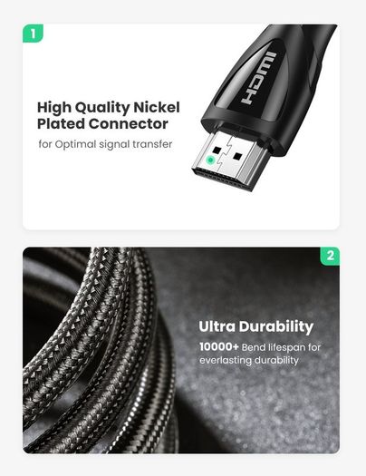 Ugreen 3M HDMI 2.1 UHD/3D 8K (7680x4320@60Hz) 48Gbps Ultra High Speed Cotton Braided (Nickel-Plated) Cable (Brand New/Warranty)