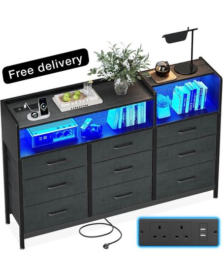 Black Chest of Drawers Bedroom, Dresser Cabinet with 2 Sockets, 2 USB Ports and 10 Colored LED Strips