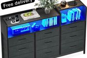 Black Chest of Drawers Bedroom, Dresser Cabinet with 2 Sockets, 2 USB Ports and 10 Colored LED Strips