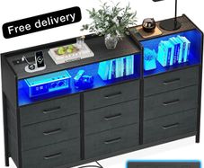 Black Chest of Drawers Bedroom, Dresser Cabinet with 2 Sockets, 2 USB Ports and 10 Colored LED Strips