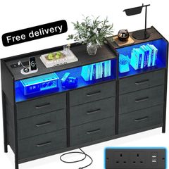 Black Chest of Drawers Bedroom, Dresser Cabinet with 2 Sockets, 2 USB Ports and 10 Colored LED Strips