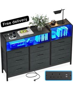 Black Chest of Drawers Bedroom, Dresser Cabinet with 2 Sockets, 2 USB Ports and 10 Colored LED Strips