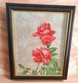 Beautiful Framed Floral Acrylic Painting Red Roses Signed Martin